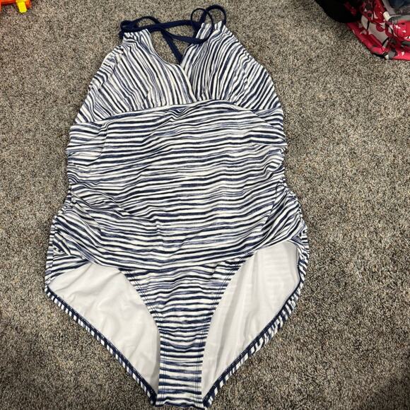 Time and True Blue & White Stripe One Piece Swimsuit Plus Size 1x / 16 W - 18 W - Picture 1 of 13